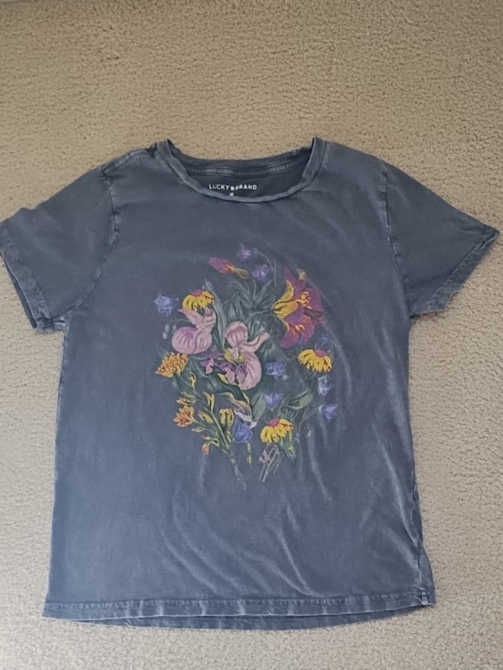 Lucky Brand Charcoal Tee with Pink Yellow Purple Floral Print Medium